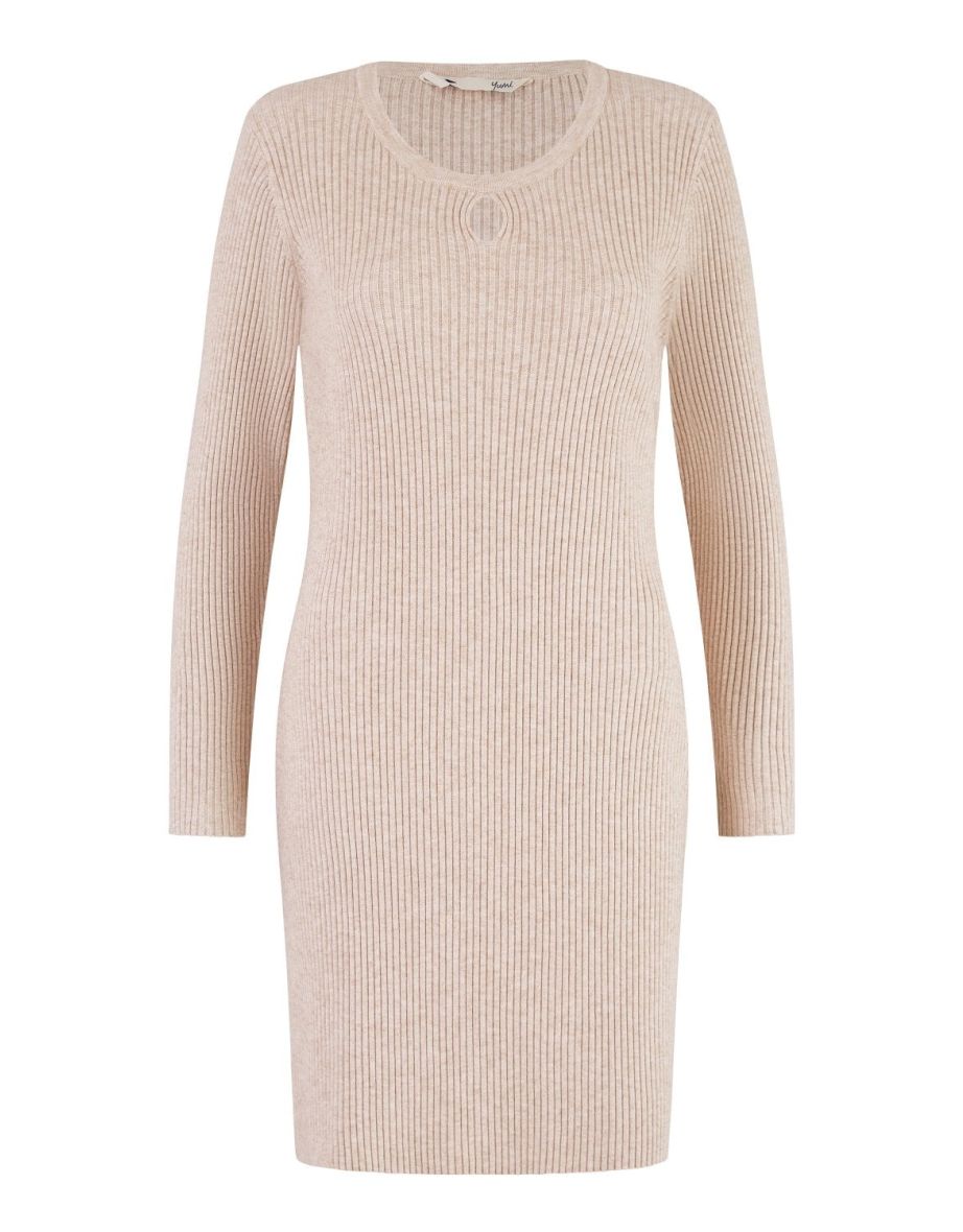 Yumi Oatmeal Rib Knit Tunic Dress With Button Cuffs And Cut Out Detail - 6
