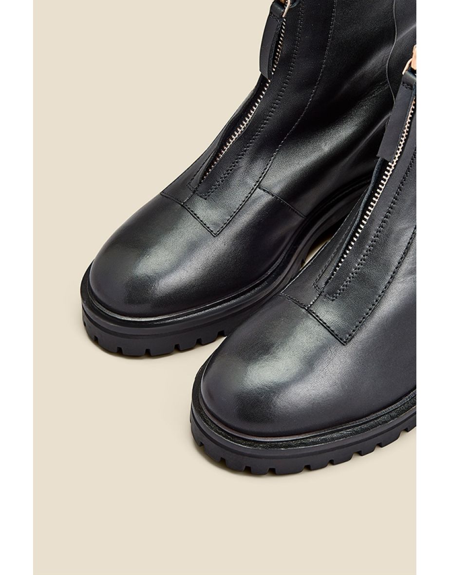 Black Leather Zip Front Ankle Boots - 3