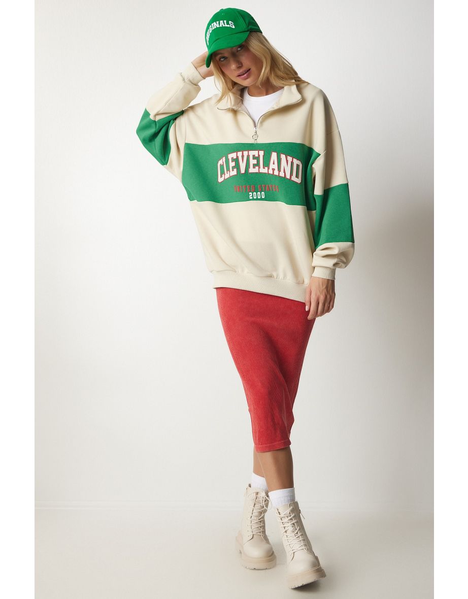 Women's Cream Green Color Block Print Oversized Sweatshirt