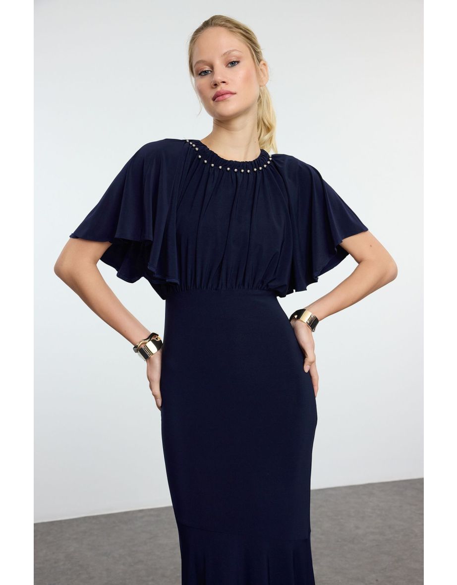 Navy Blue Plain Regular Unlined Knitted Evening Dress & Graduation Dress - 4
