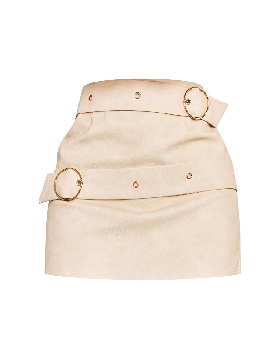 Petite Cream Faux Leather Buckle Detail Mini Skirt - 5
