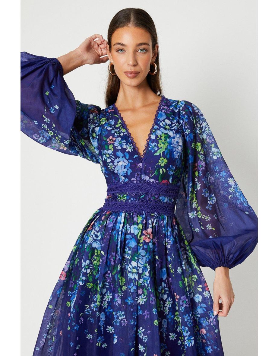Organza Floral Placement Lace Trim Dress - 3