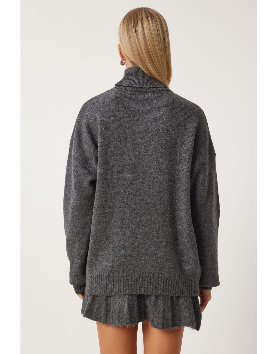 Women's Anthracite Turtleneck Knitwear Sweater Skirt Set - 7