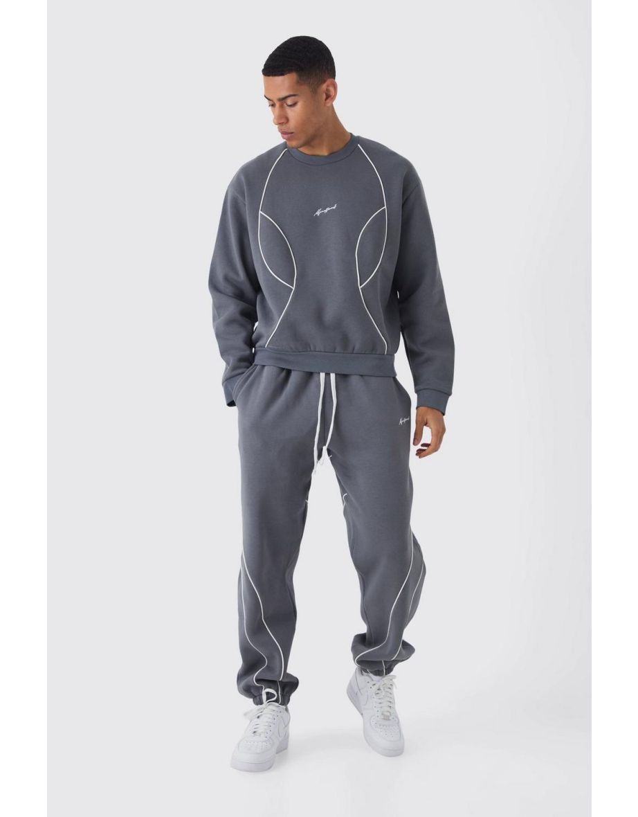 Oversized Boxy Man Piping Detail Sweatshirt Tracksuit - charcoal