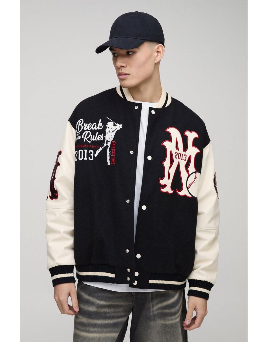 Oversized Baseball Varsity Bomber Jacket - black
