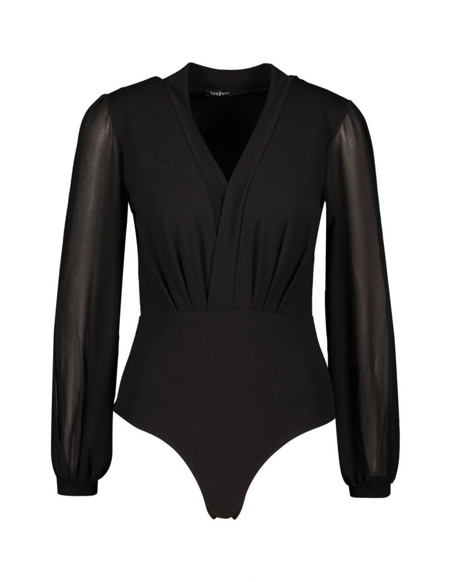 Wrap Chiffon Split Sleeve Bodysuit - black