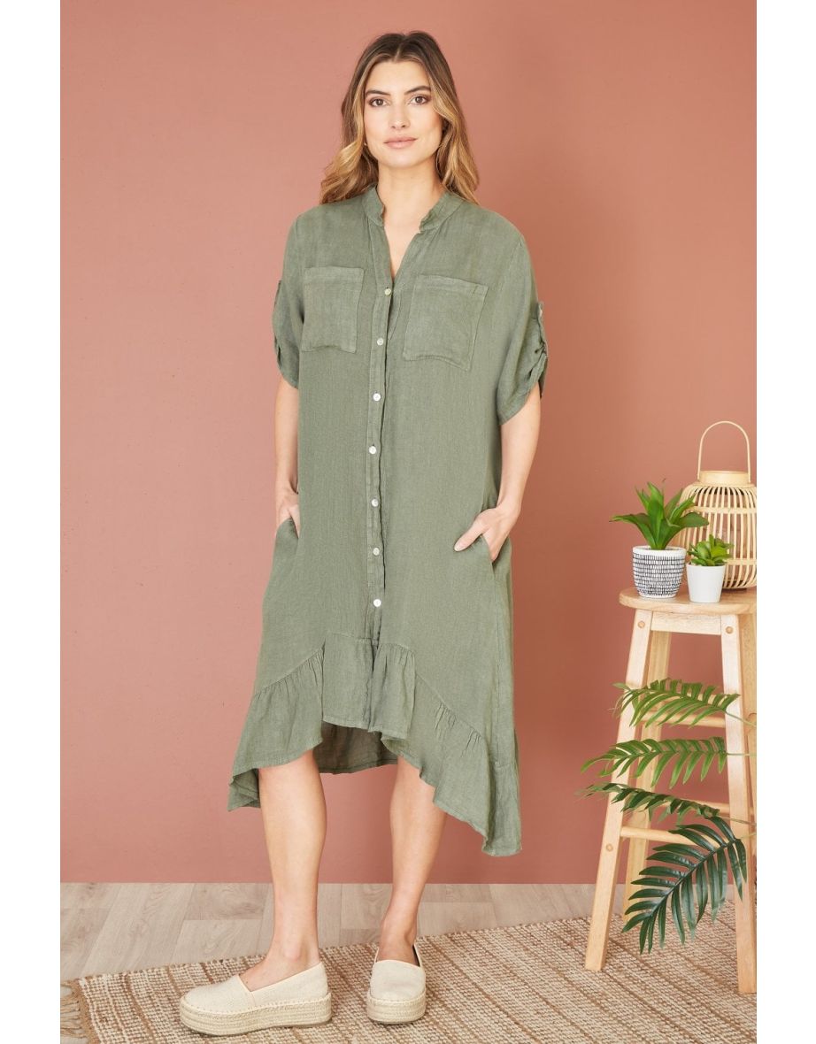 Yumi Khaki Italian Linen Shirt Dress With Frill Hem - 10
