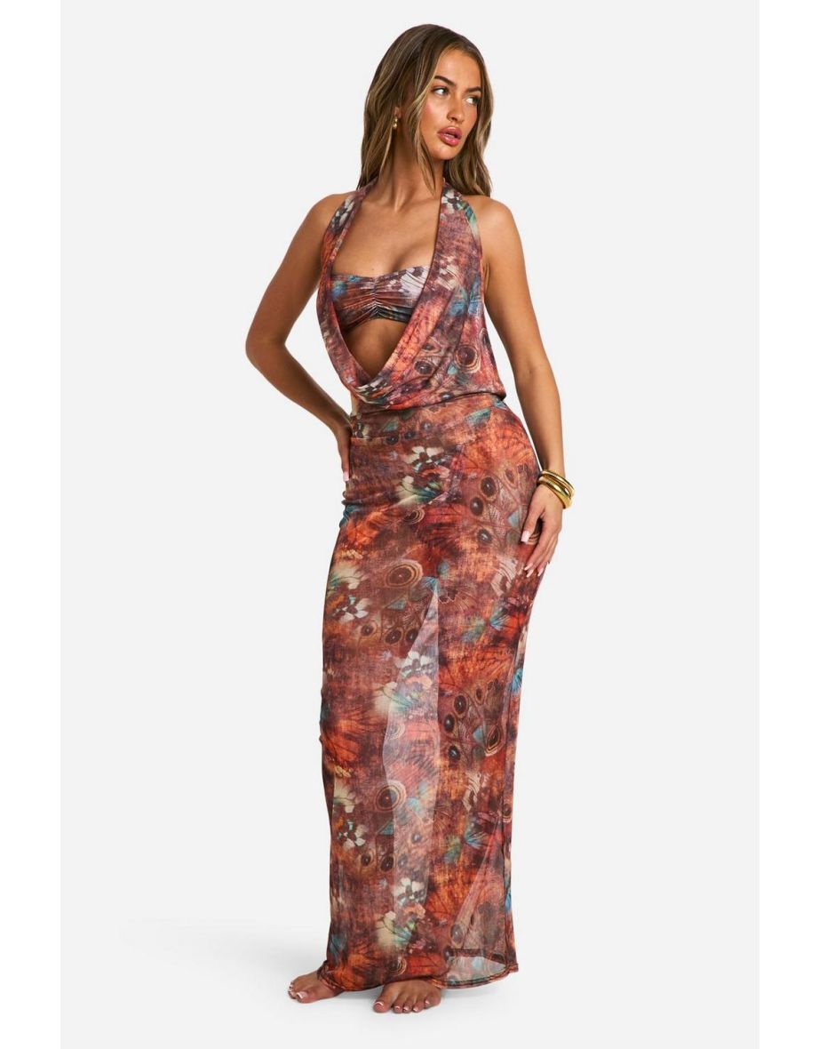 Butterfly Printed Cowl Neck Maxi Beach Dress - brown