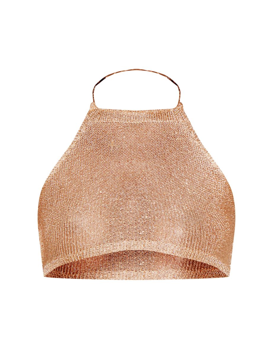 Gold Sequin Knit Strappy Halter Top - 3