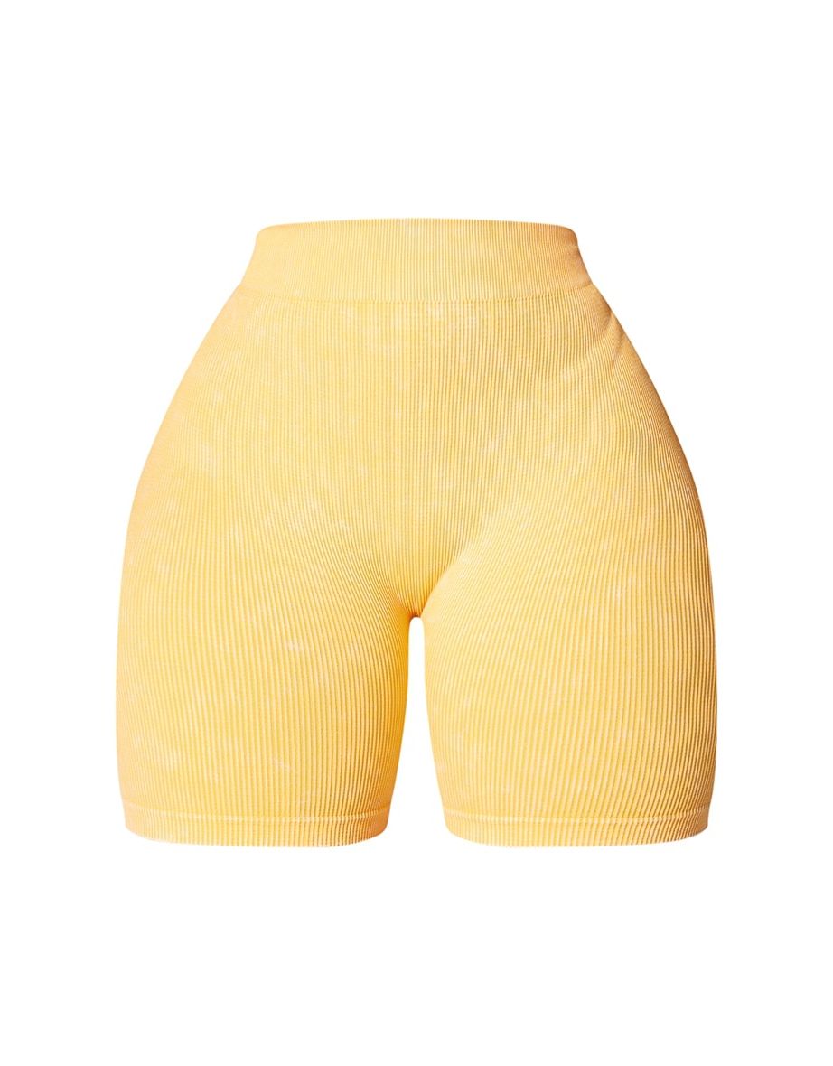 PLT Sport Plus Mustard Acid Wash Seamless Rib Ruched Bum Booty Shorts - 4