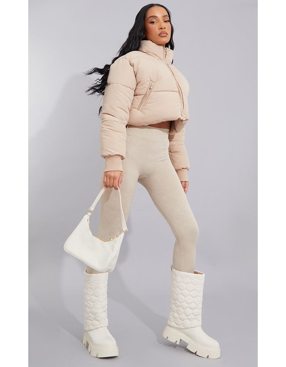 Grey Peach Skin Cropped Bubble Puffer Jacket