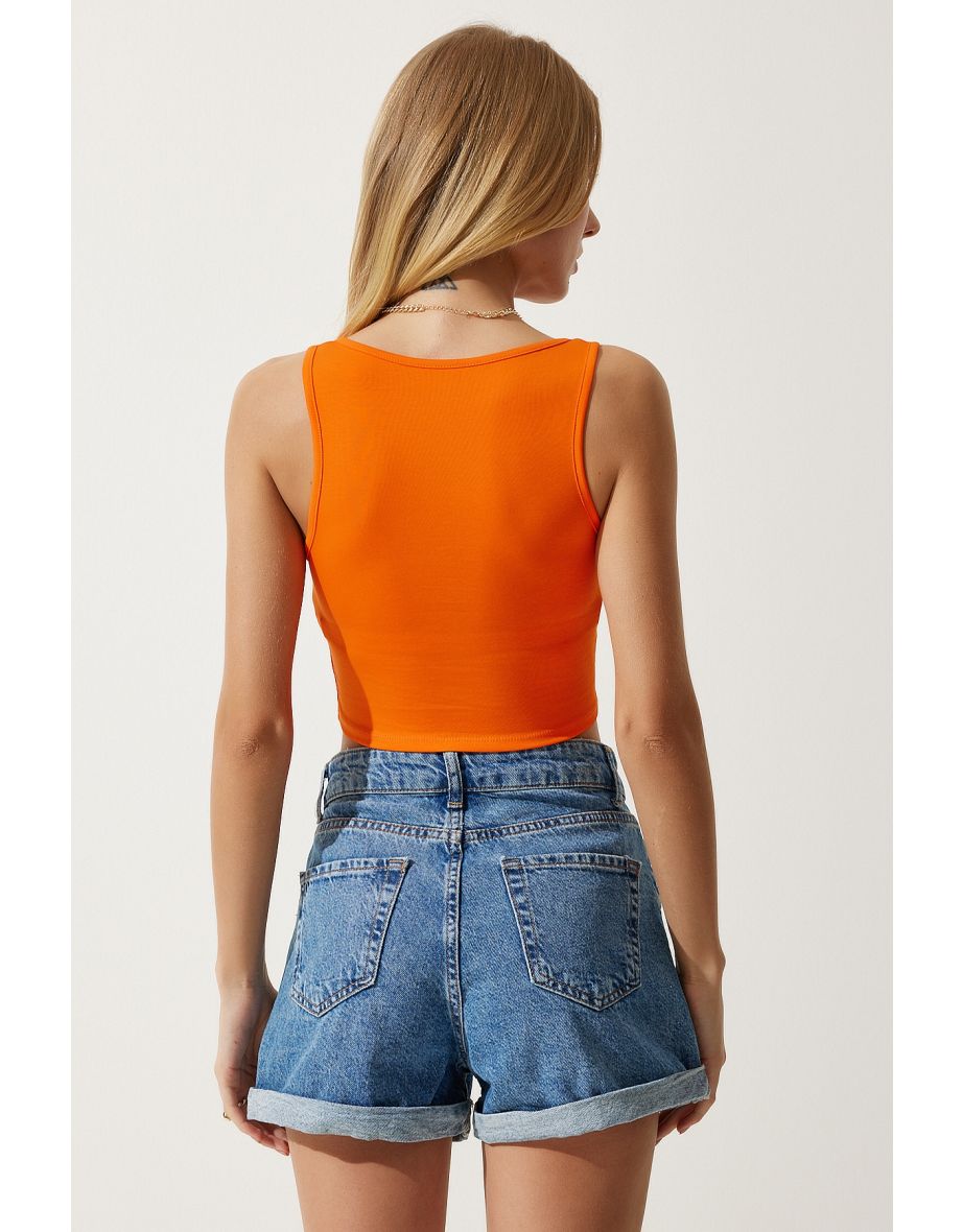 Women's Orange Strap Crop Knitted Blouse - 3