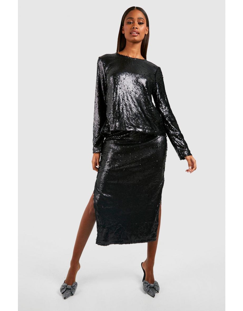Matte Sequin Split Side Midaxi Skirt - black