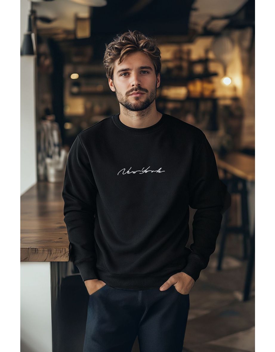 Black Regular/Normal Cut City Printed Crew Neck Sweatshirt