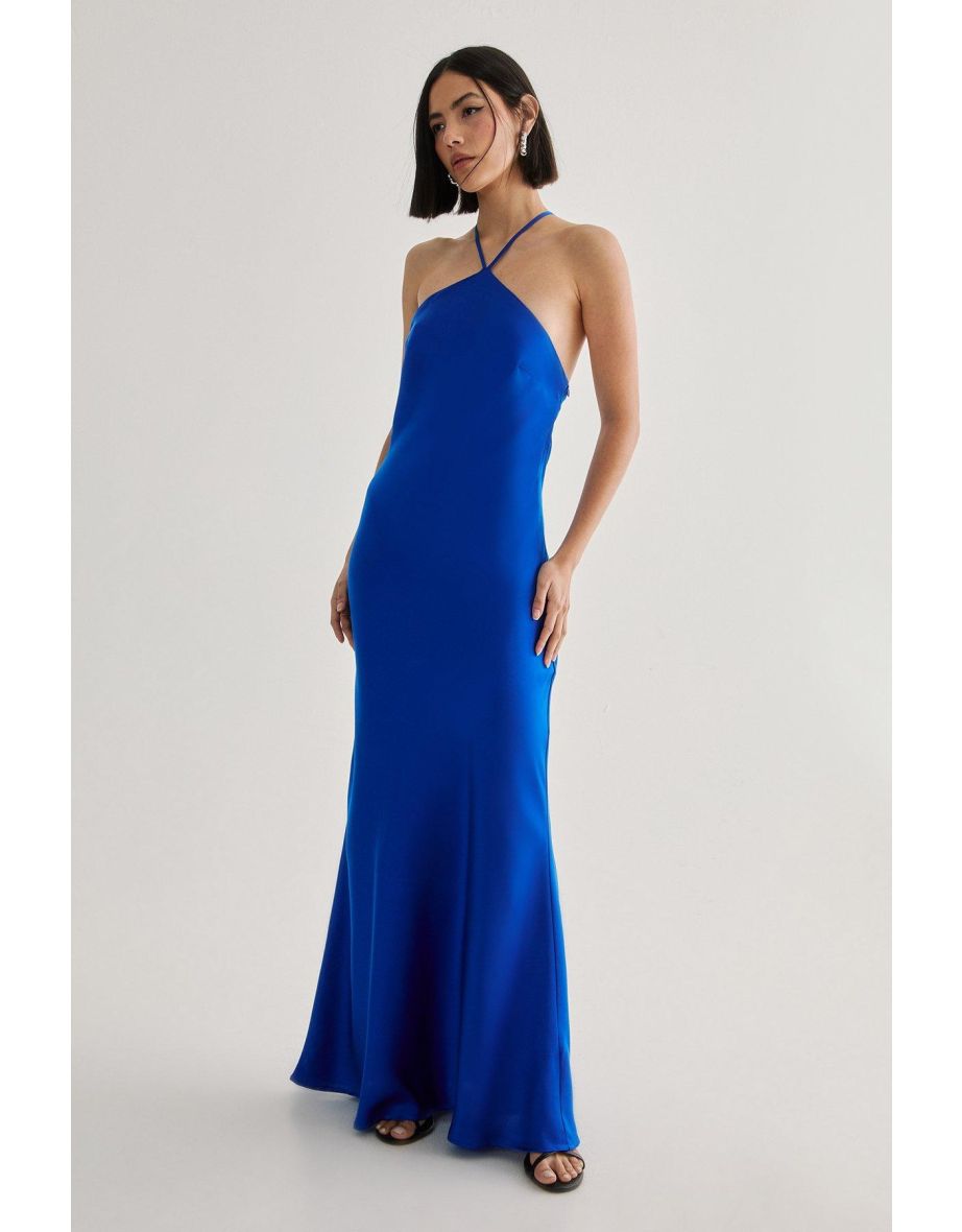 Satin Halter Neck Cowl Back Maxi Dress