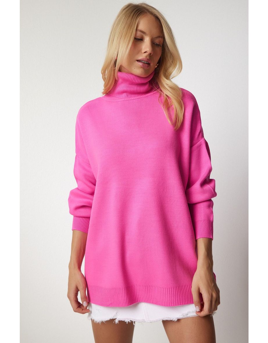 Women's Pink Turtleneck Oversized Knitwear Sweater
