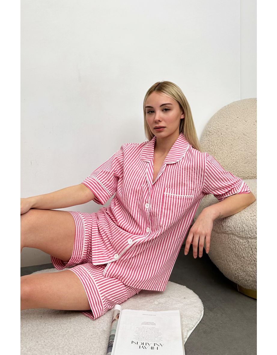 Women's Pink Striped Connector Shorts Pajamas Suit