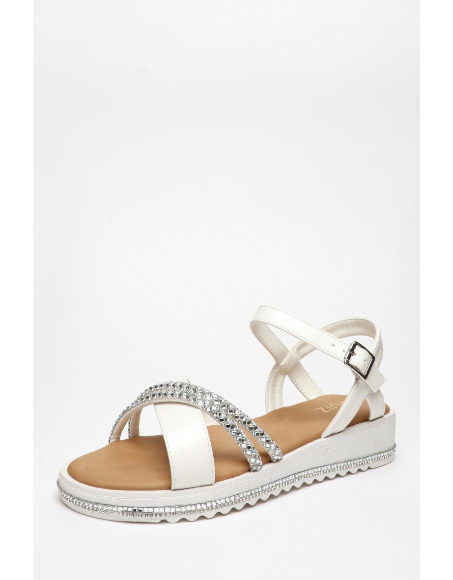 Shop White Faux Leather Diamante Cross Strap Sandals Online in Oman VogaCloset