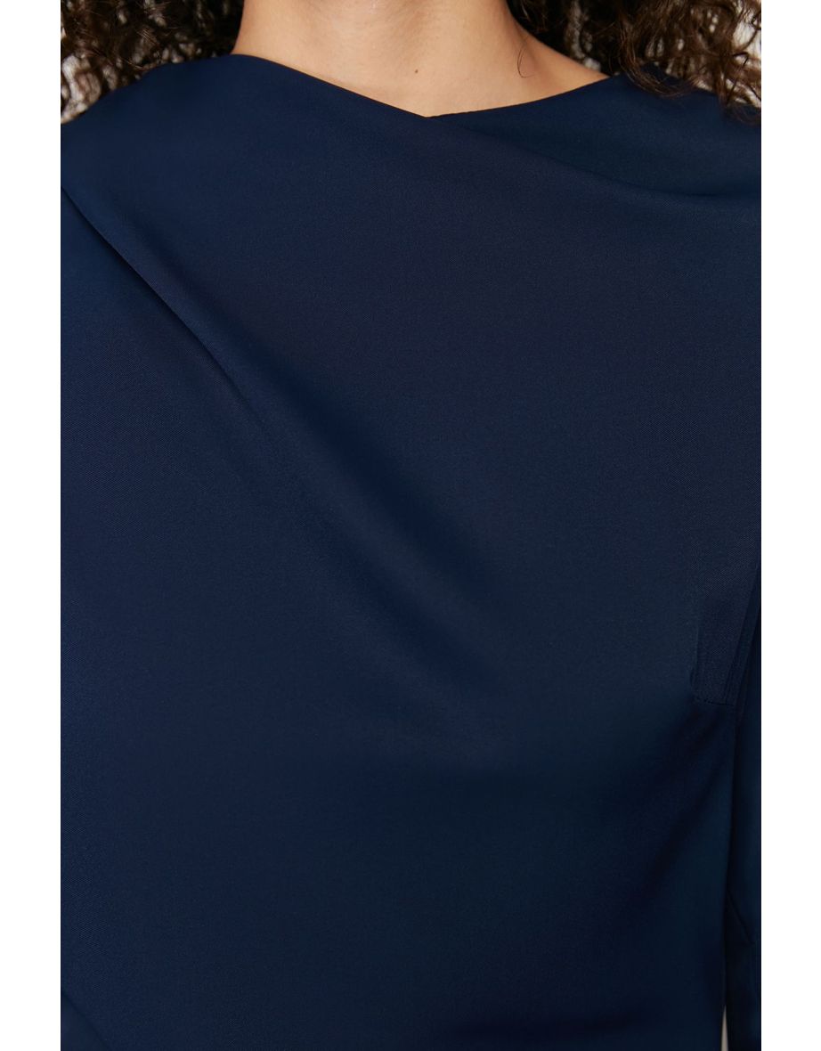 Navy Blue Shawl Detailed Evening Dress - 7