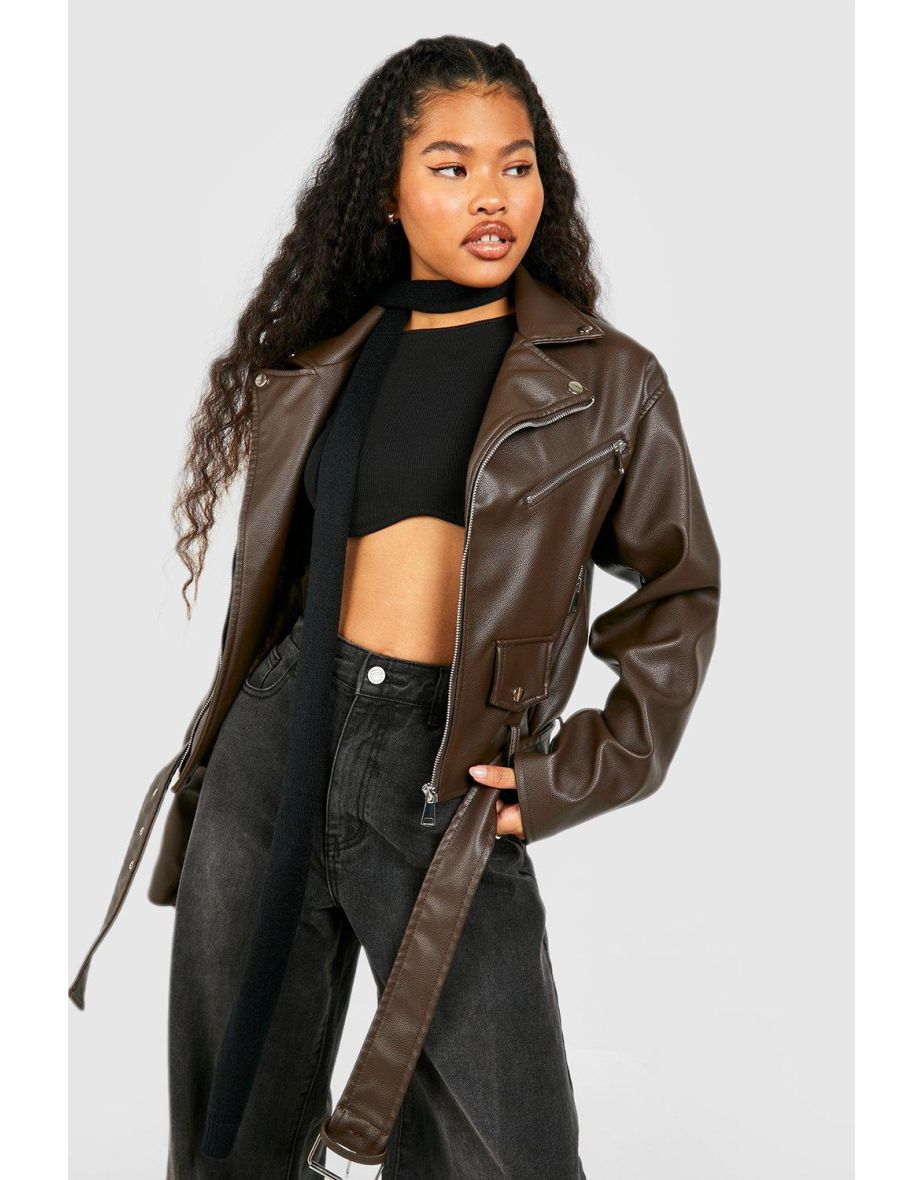 Shop Petite Faux Leather Oversized Biker Jacket chocolate Online in Oman VogaCloset
