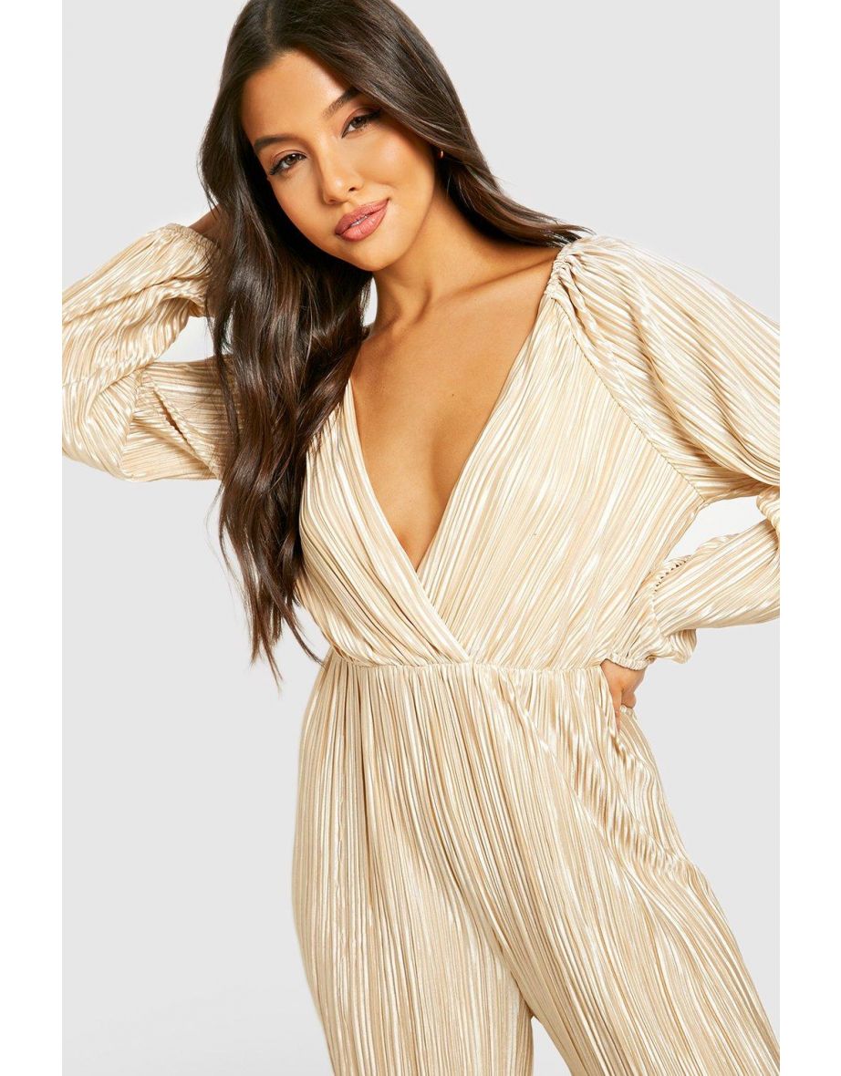 Plisse Wide Leg Plunge Jumpsuit - cream - 3