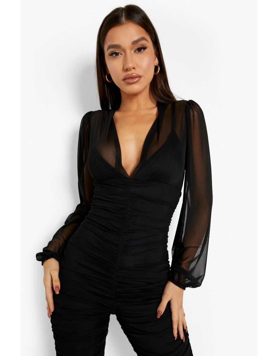 Ruched Mesh Balloon Sleeve Jumpsuit - black - 3