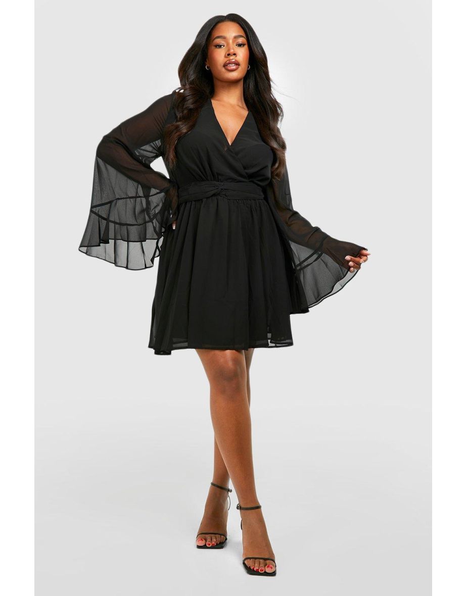 Plunge neck flared hotsell sleeve skater dress
