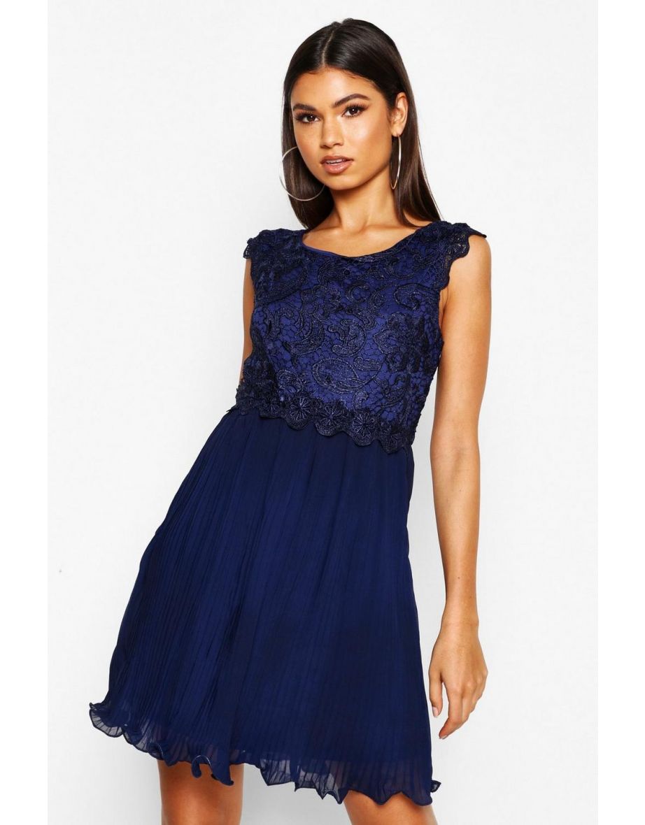 Boutique Corded Lace Pleated Skater Dress - navy