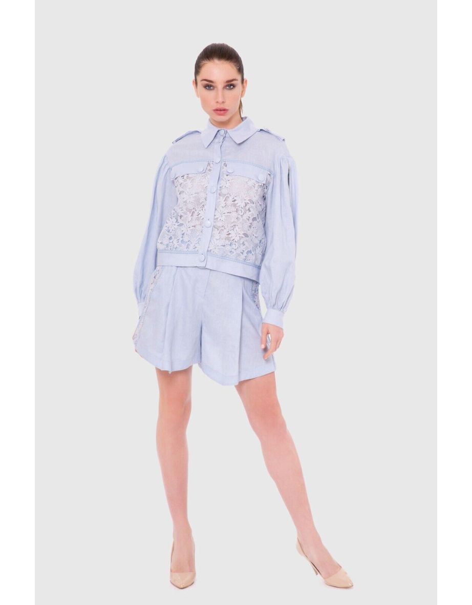 High-Waisted Pleated Blue Shorts