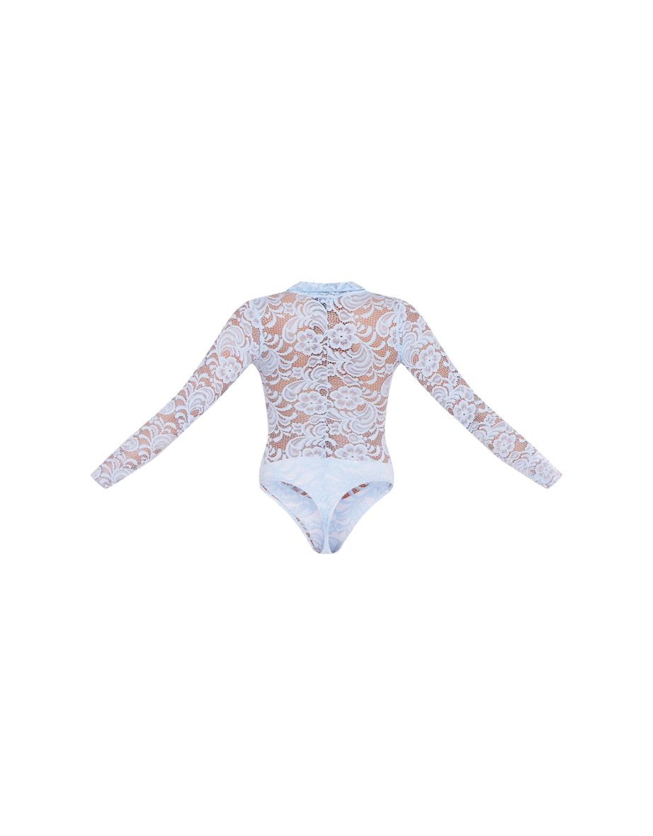 Baby Blue Lace V Neck Long Sleeve Bodysuit - 5
