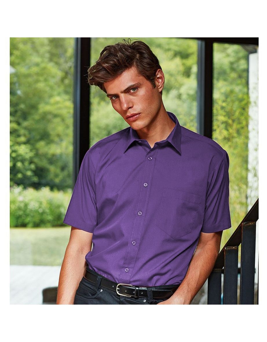 Premier Mens Short Sleeve Formal Poplin Plain Work Shirt - Purple - 1