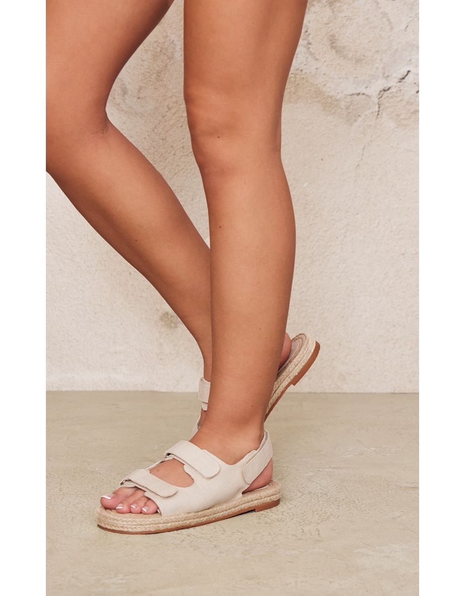 Natural Linen Look Espadrille Sole Velcro Sandals - 3