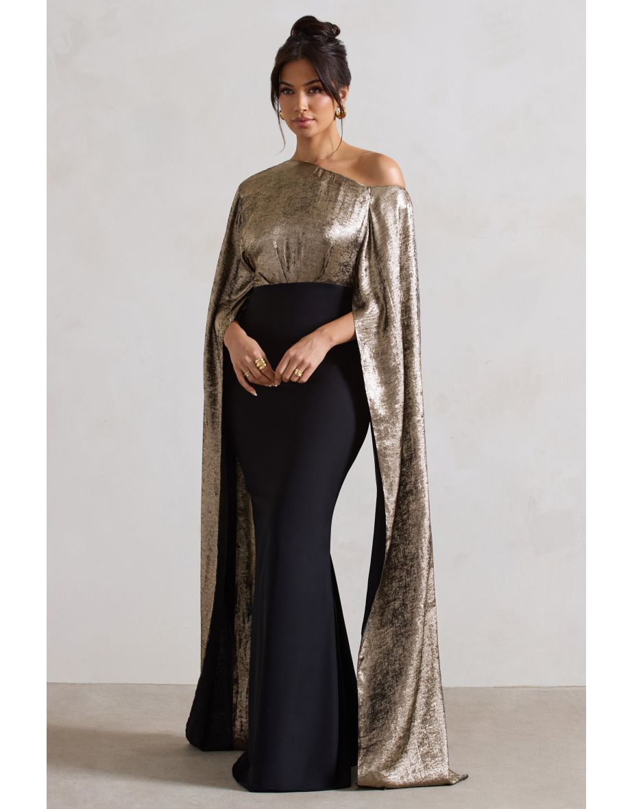 Alura | Black & Gold Metallic Asymmetric Cape Maxi Dress - 5