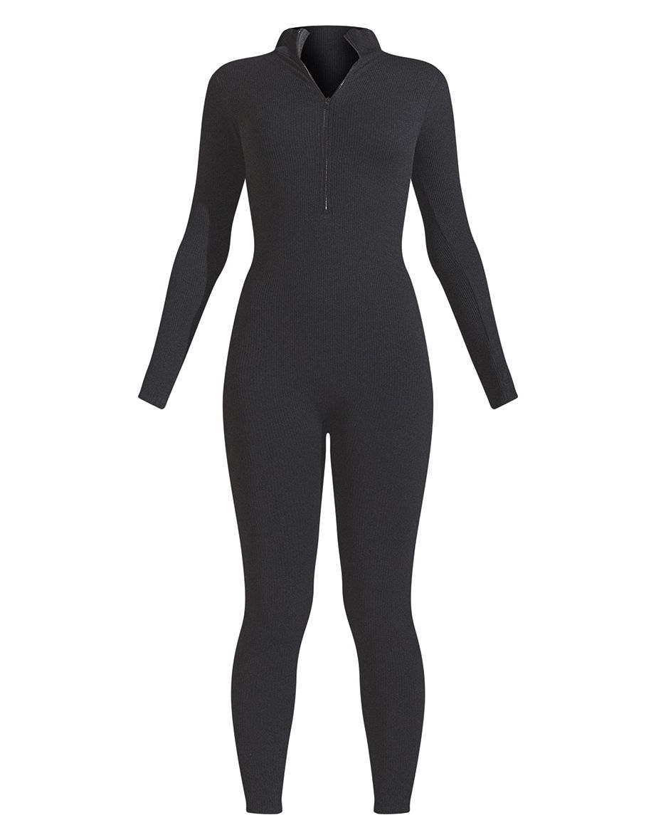 Black Structured Contour Rib Zip Jumpsuit - 4
