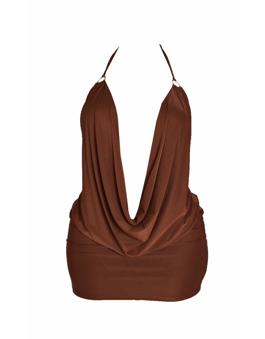 Shape Chocolate Brown Slinky Ring Detail Cowl Neck Bodycon Dress - 4