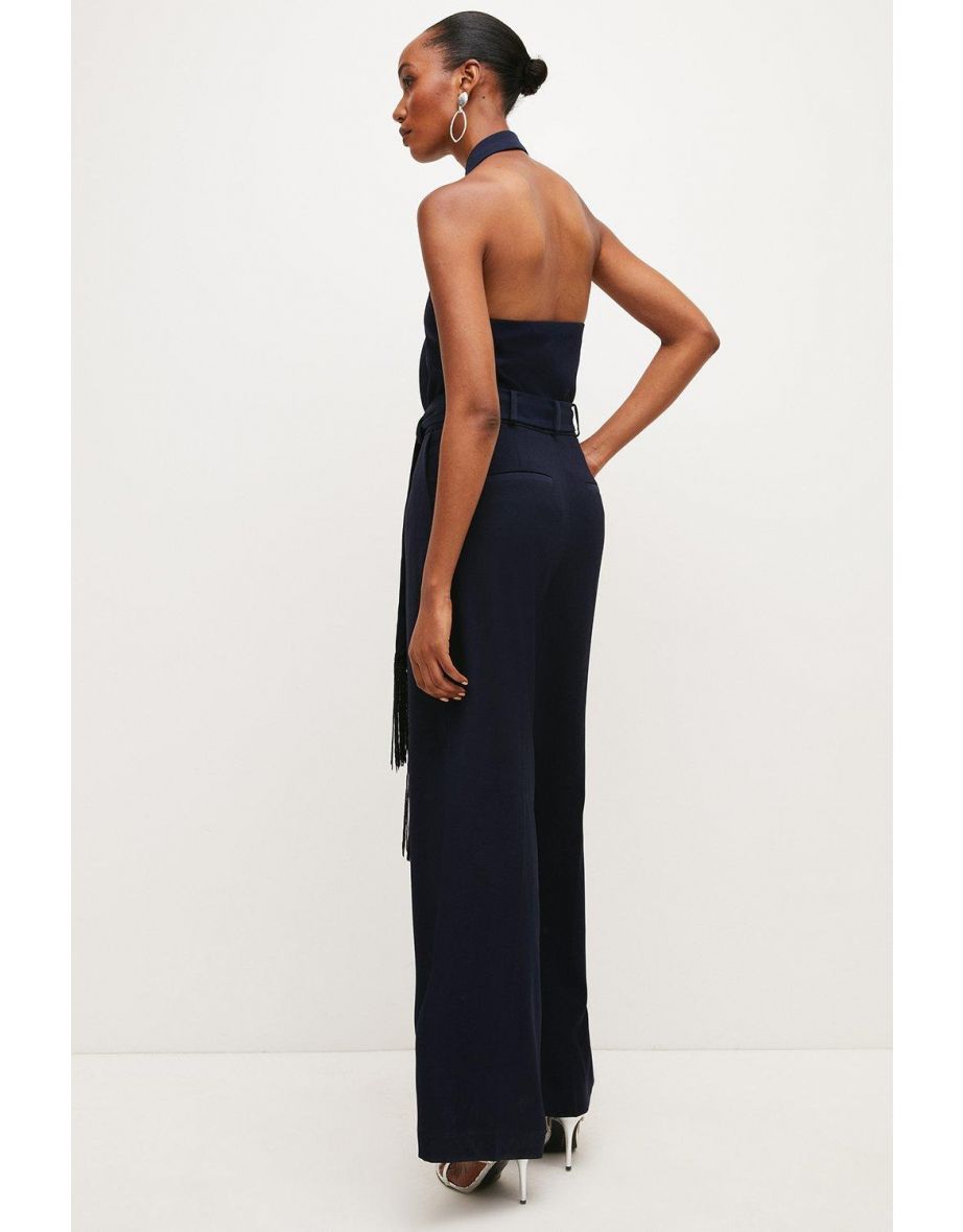 Tailored Halter Neck Wide Leg Belted Jumpsuit - 2