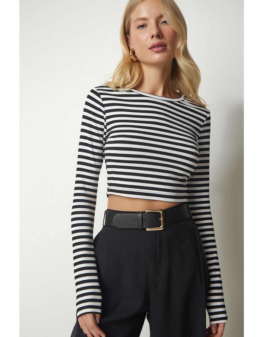 Women's Black and White Striped Camisole Crop Top