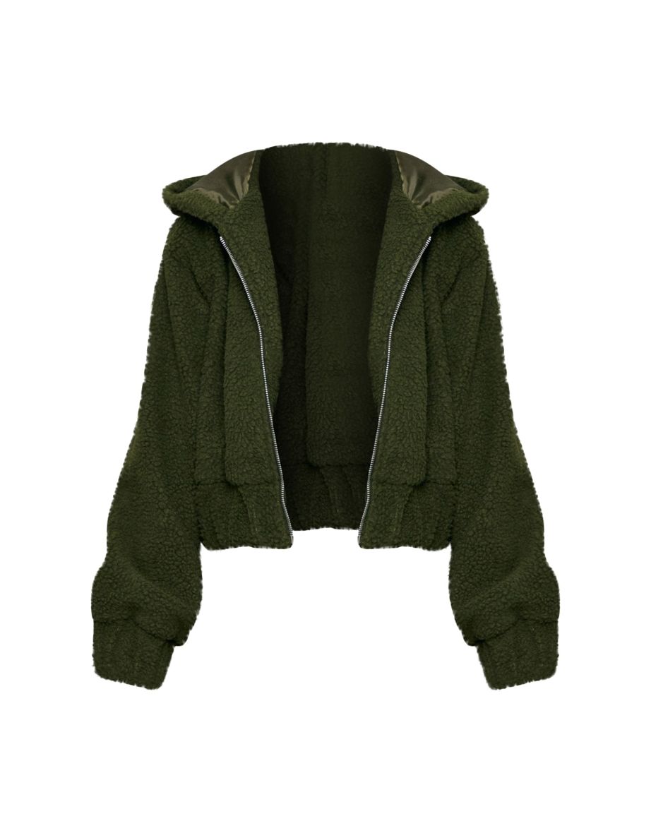 Dark Khaki Borg Hooded Zip Through Jacket - 4
