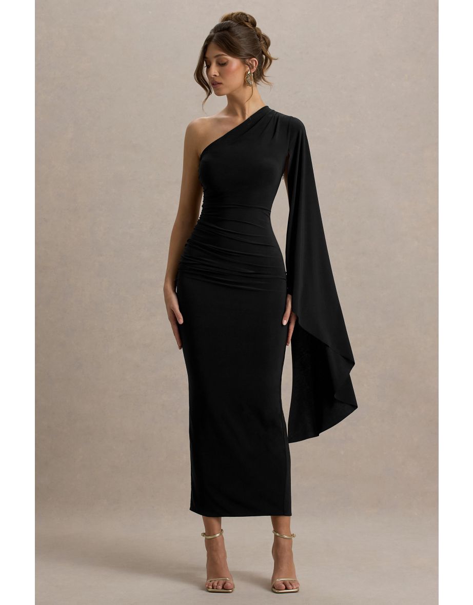 Clementina | Black Asymmetric Cape Sleeve Maxi Dress