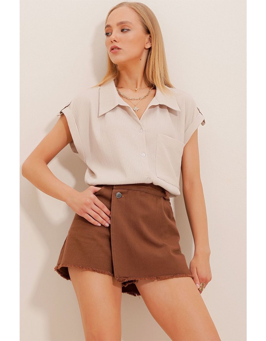 Women's Stone Cuffed Double Breasted Short Sleeve Textured Shirt