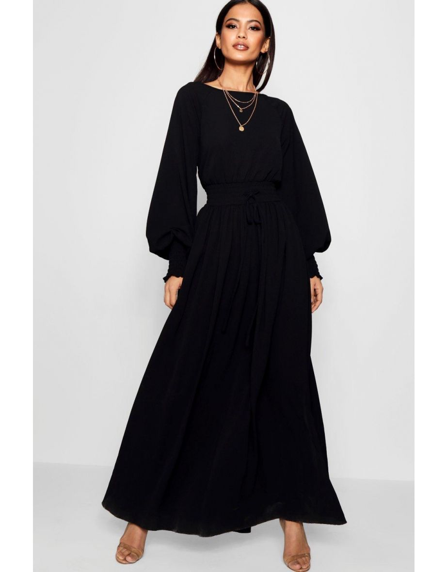 Sophia Shirred Waist & Cuff Woven Maxi Dress - black