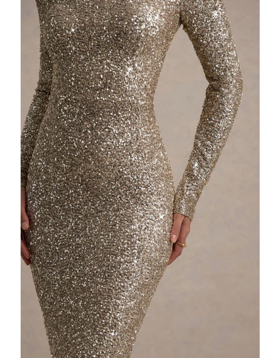 Galaxy | Champagne Sequin Turtle-Neck Long-Sleeve Maxi Dress - 6