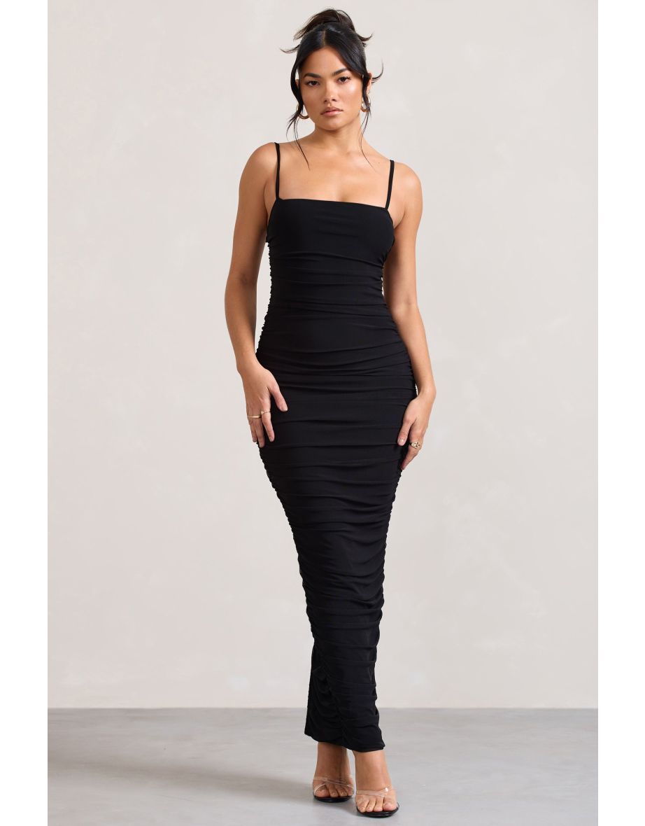 Shop Ellis Black Ruched Mesh Strappy Bodycon Maxi Dress Online in Bahrain VogaCloset