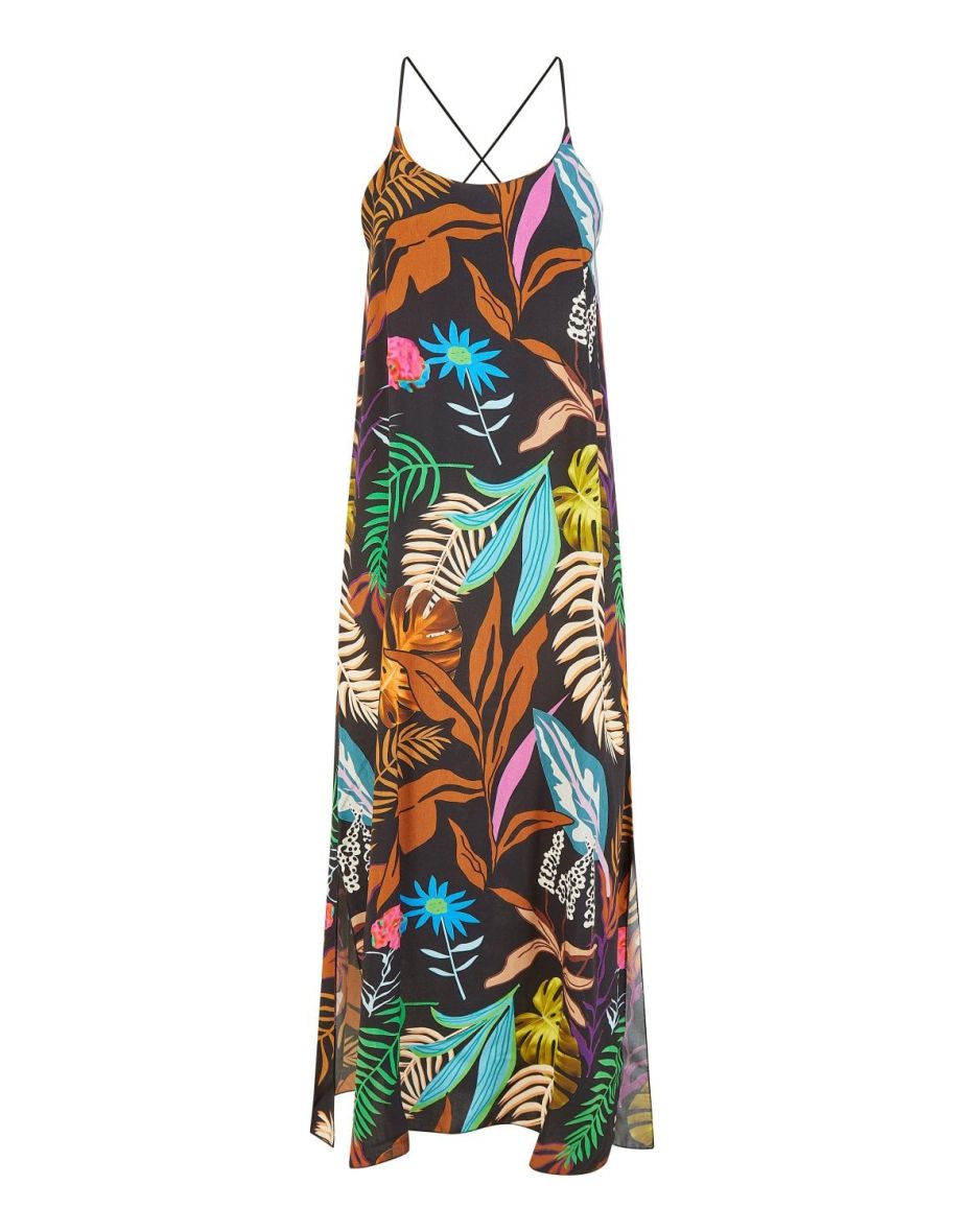 Mela Black Tropical Print Maxi Dress With Side Split Hem - 6