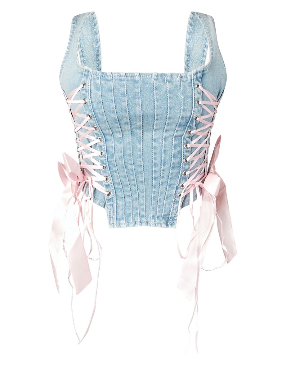 Petite Mid Blue Wash Denim Corset With Ribbon Details - 4