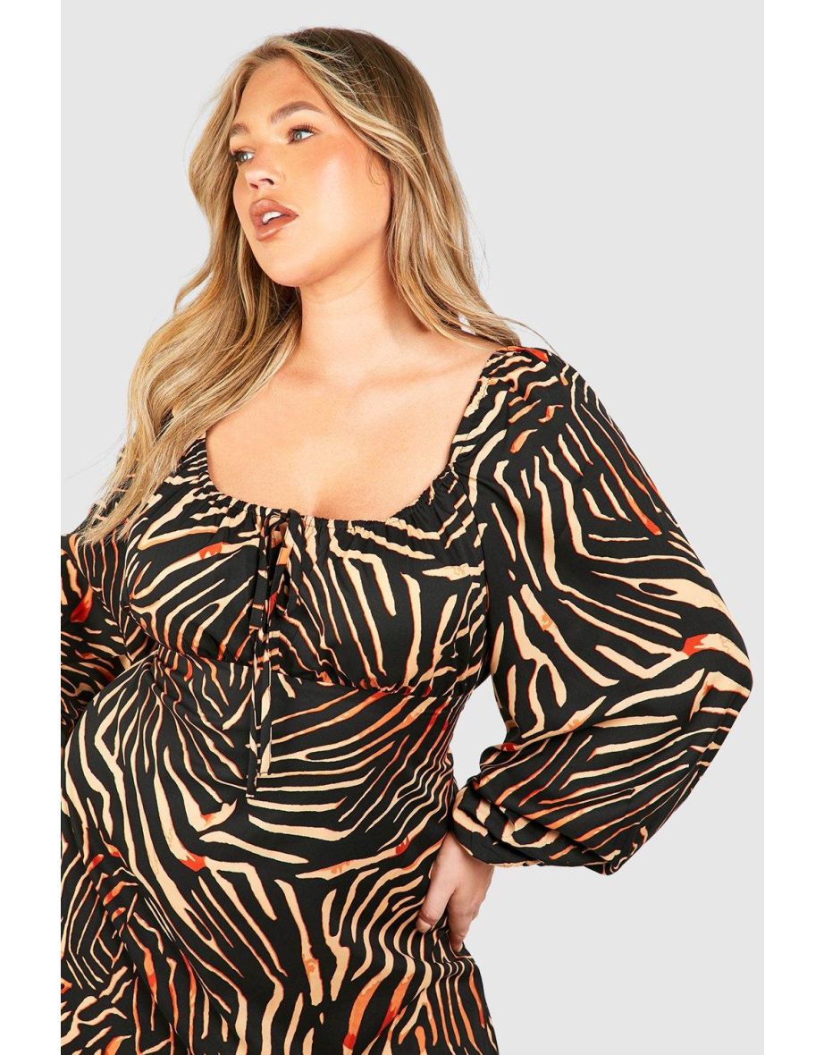 Plus Animal Print Ruched Bust Midi Dress - brown - 3