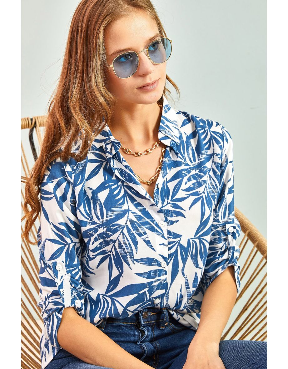 Women's Multi Patterned Sleeve Fold Viscose Shirt