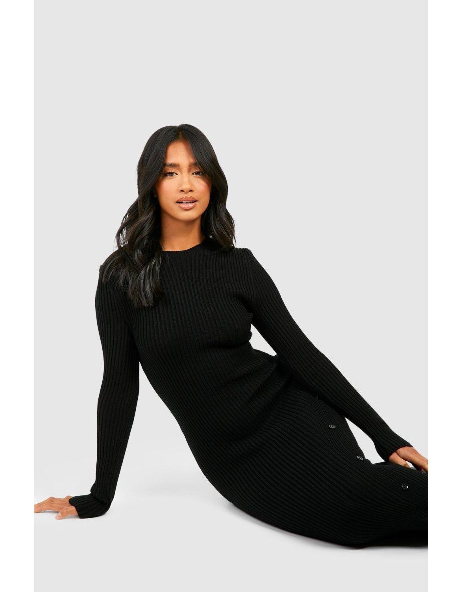 Petite Rib Knit Asymmetric Button Detail Midaxi Dress - black - 3