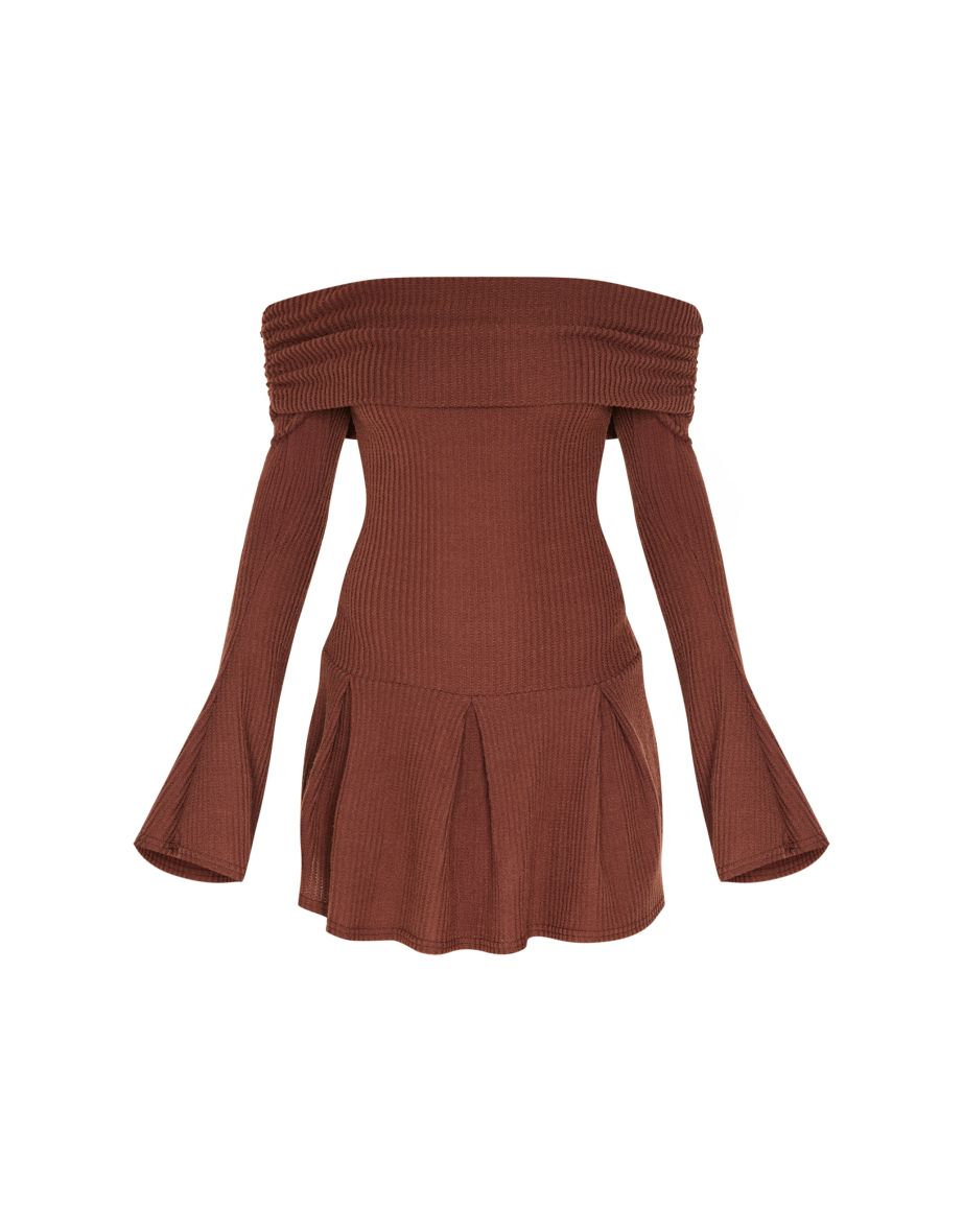 Chocolate Waffle Textured Bardot Pleated Shift Dress - 4