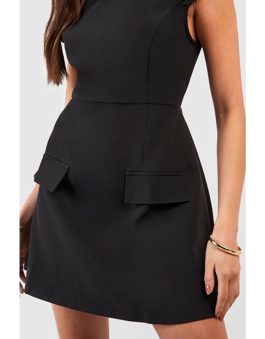 High Neck Structured Tailored Mini Dress - black - 3